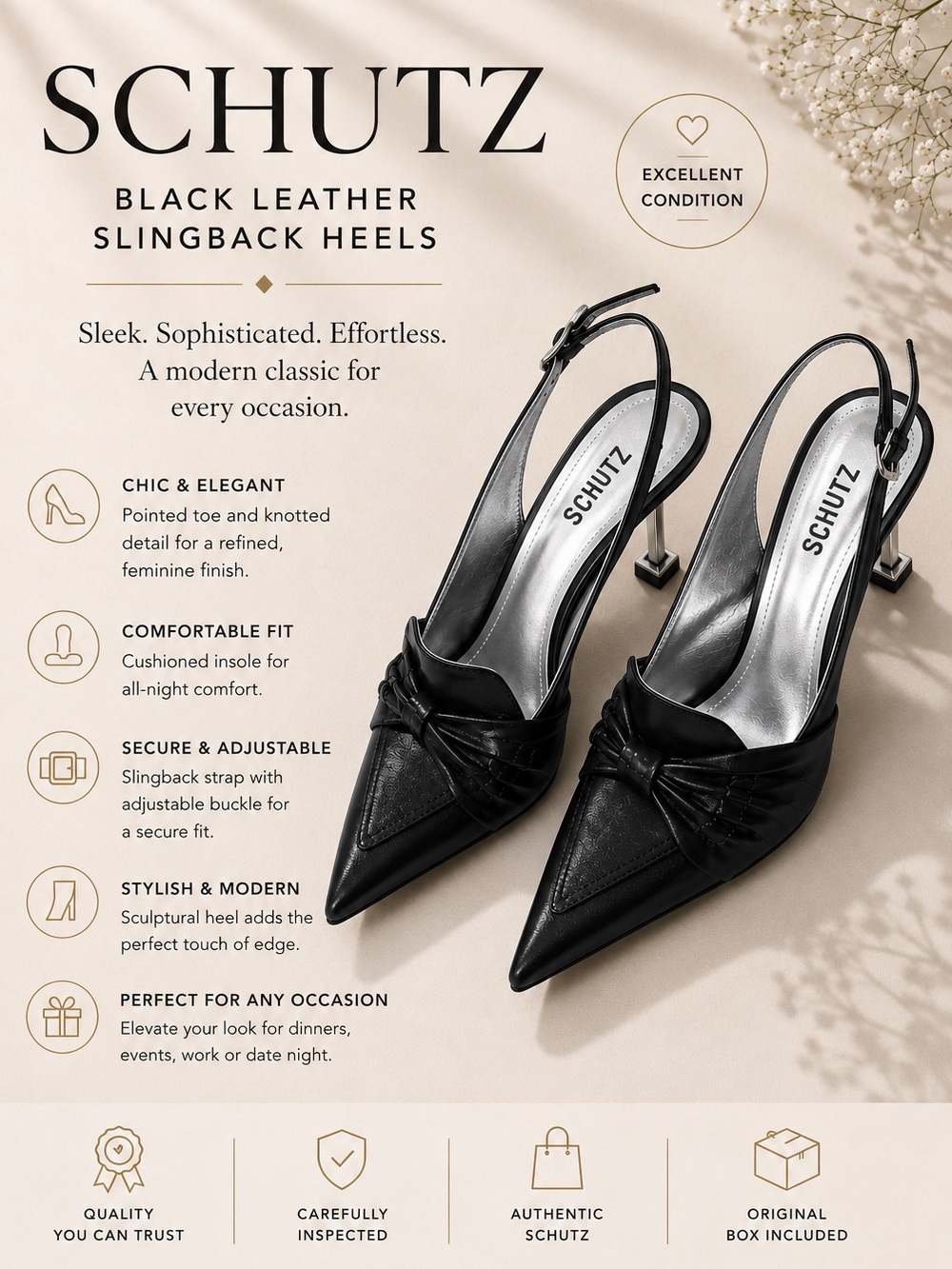 SCHUTZ Black Leather Slingback Heels